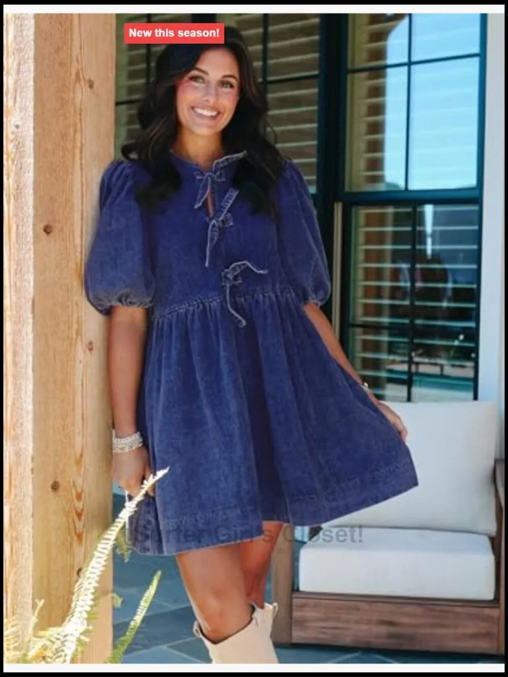 Puff Sleeve Babydoll Denim Dress with Pockets Casual Jean Romper